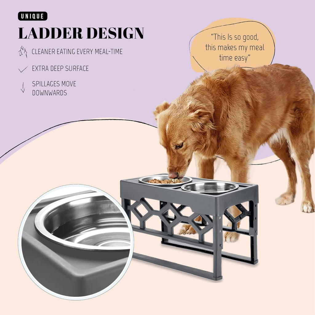 Elevated Dog Bowls, 4 Height Adjustable Stand for Medium and Large Dogs, Raised Dog Feeder Holder with 2 Stainless Steel Food and Water Bowls, Anti-Slip Base Tall Feeding Station
