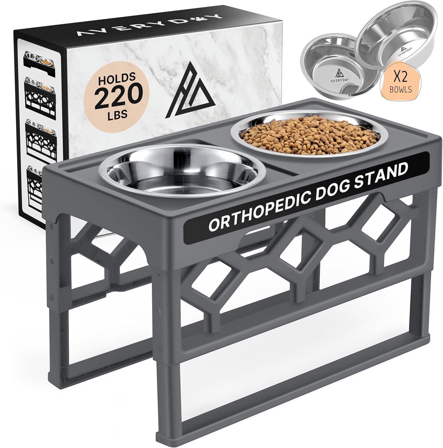 Elevated Dog Bowls, 4 Height Adjustable Stand for Medium and Large Dogs, Raised Dog Feeder Holder with 2 Stainless Steel Food and Water Bowls, Anti-Slip Base Tall Feeding Station