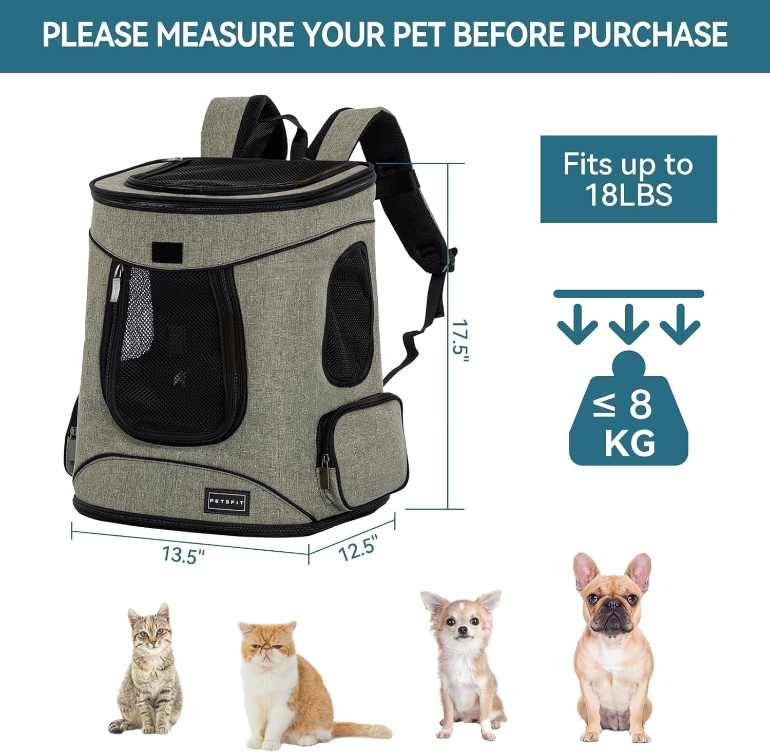 Pet Backpack Carrier with Upgrade Waist Cushion Design to Better Fit the Waist, Suitable for Small and Medium Dogs Cats, and Rabbits up to 18 Pounds