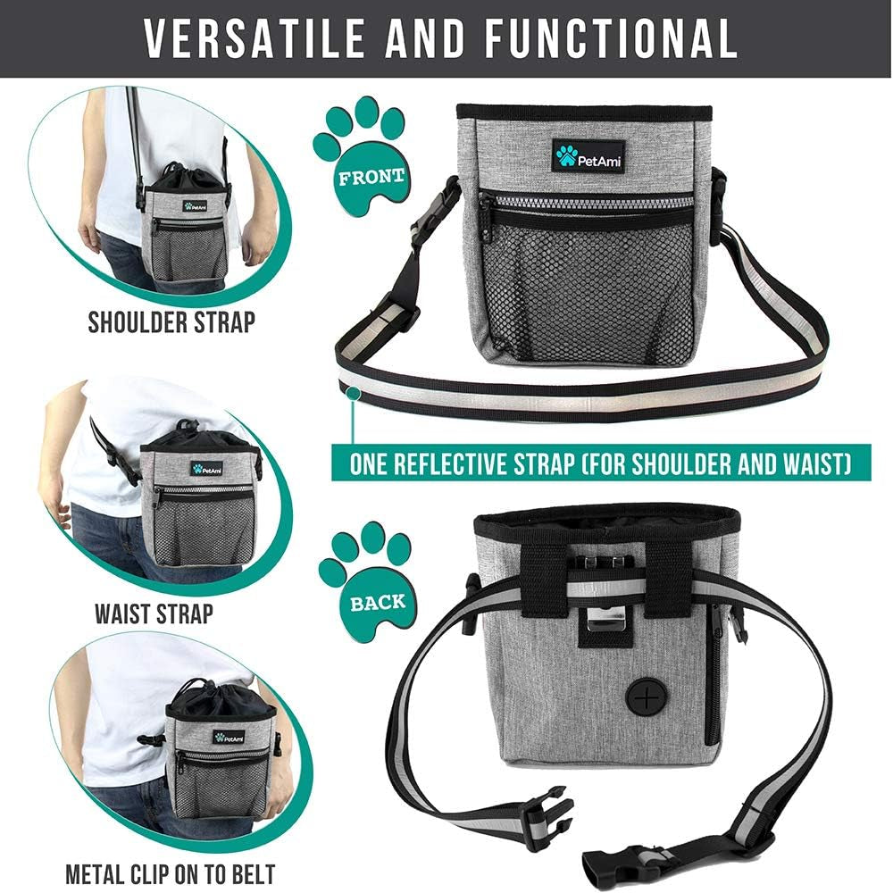Dog Treat Pouch, Pet Treat Pouch for Training, Dog Walking Bag Holder for Kibbles, Pet Food Toy, Dog Trainer Essentials Supplies, Poop Bag Dispenser, 3 Ways to Wear (Heather Gray)