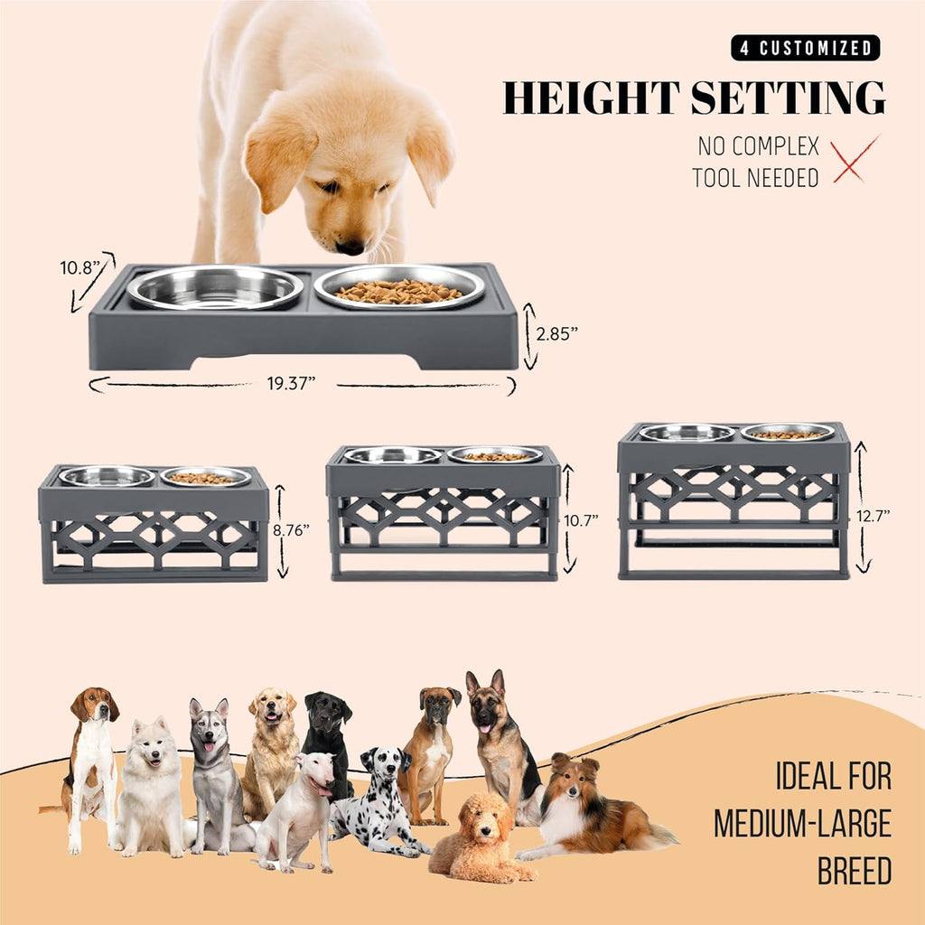 Elevated Dog Bowls, 4 Height Adjustable Stand for Medium and Large Dogs, Raised Dog Feeder Holder with 2 Stainless Steel Food and Water Bowls, Anti-Slip Base Tall Feeding Station