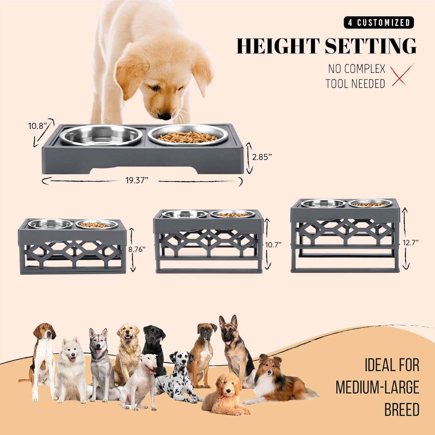 Elevated Dog Bowls, 4 Height Adjustable Stand for Medium and Large Dogs, Raised Dog Feeder Holder with 2 Stainless Steel Food and Water Bowls, Anti-Slip Base Tall Feeding Station